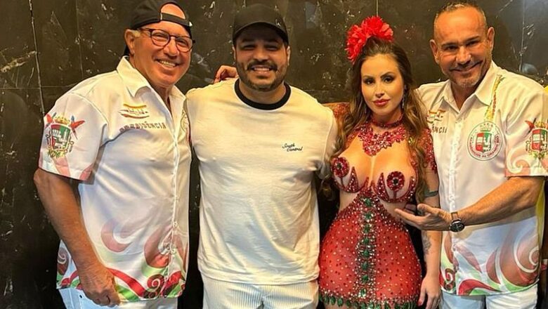 Hugo Gross e Jéssica França curtem ensaio técnico na Sapucaí ao lado de jornalistas e amigos