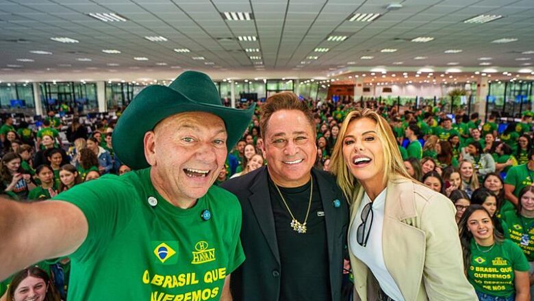 Luciano Hang recebe cantor Leonardo e esposa Poliana em Brusque