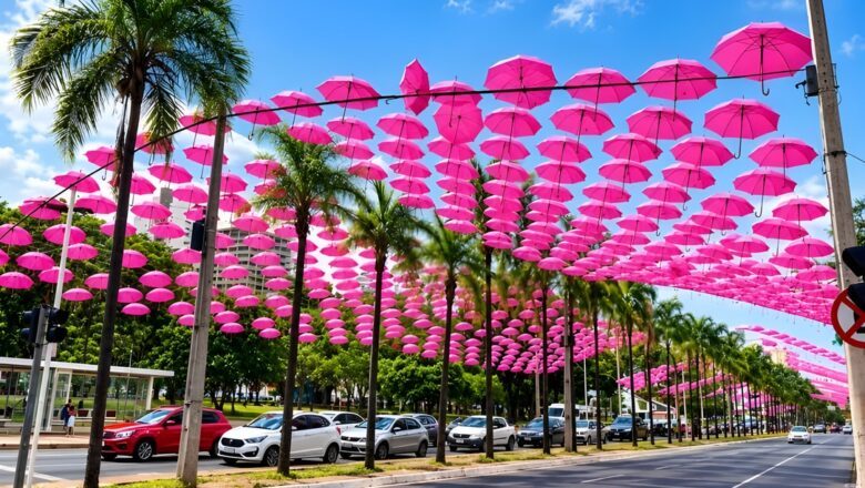 Guarda-chuvas rosas transformam Praça Tamandaré em ponto de alerta para o câncer de mama